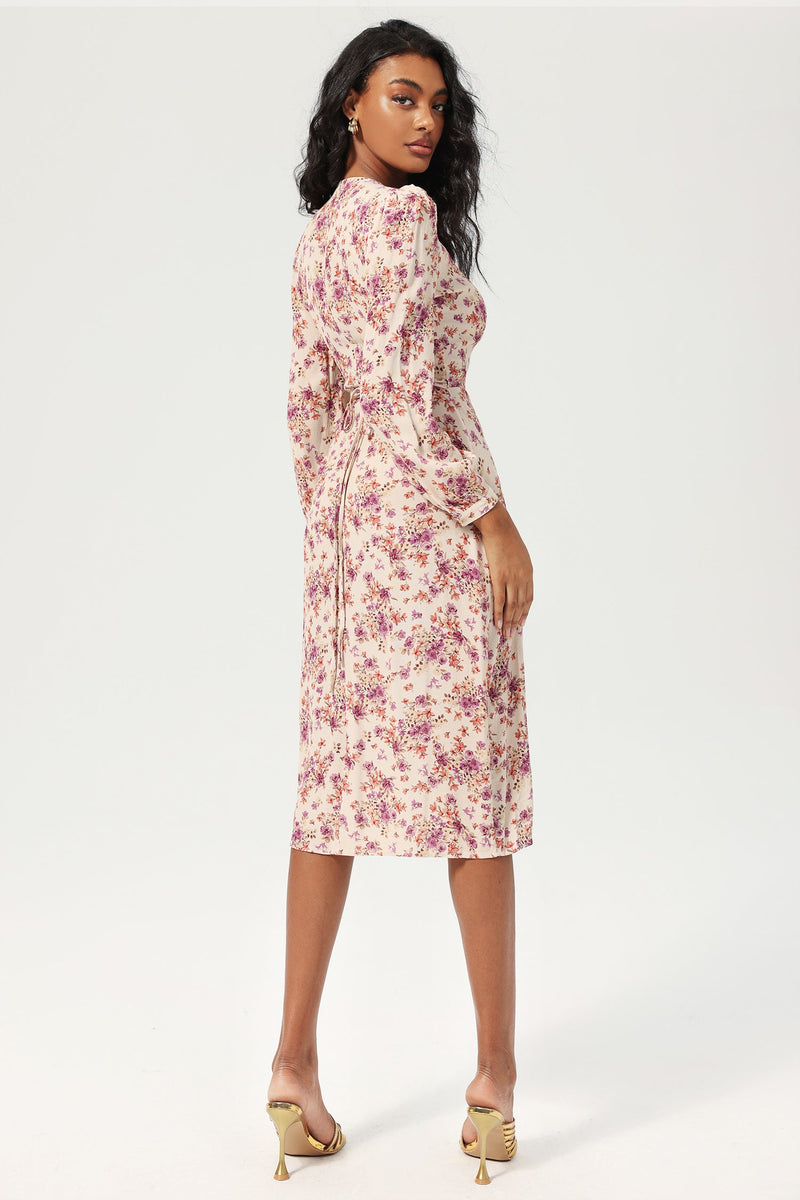 Long Sleeve V-neck Lace Up Split Midi Dress Purple