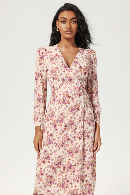 Long Sleeve V-neck Lace Up Split Midi Dress Purple