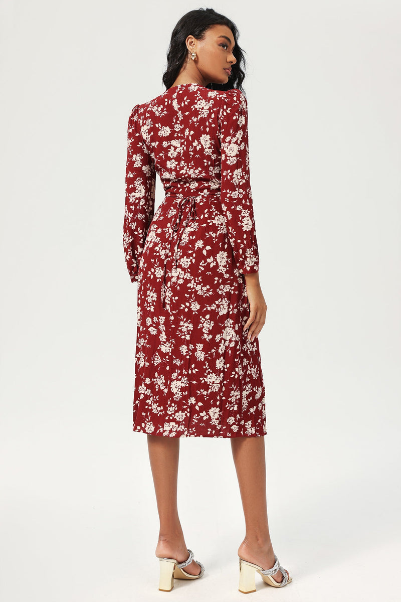 Long Sleeve V-neck Split Midi Dress Red