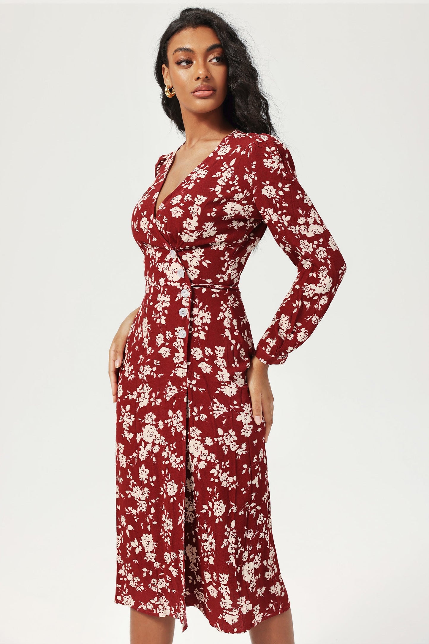 Long Sleeve V-neck Split Midi Dress Red