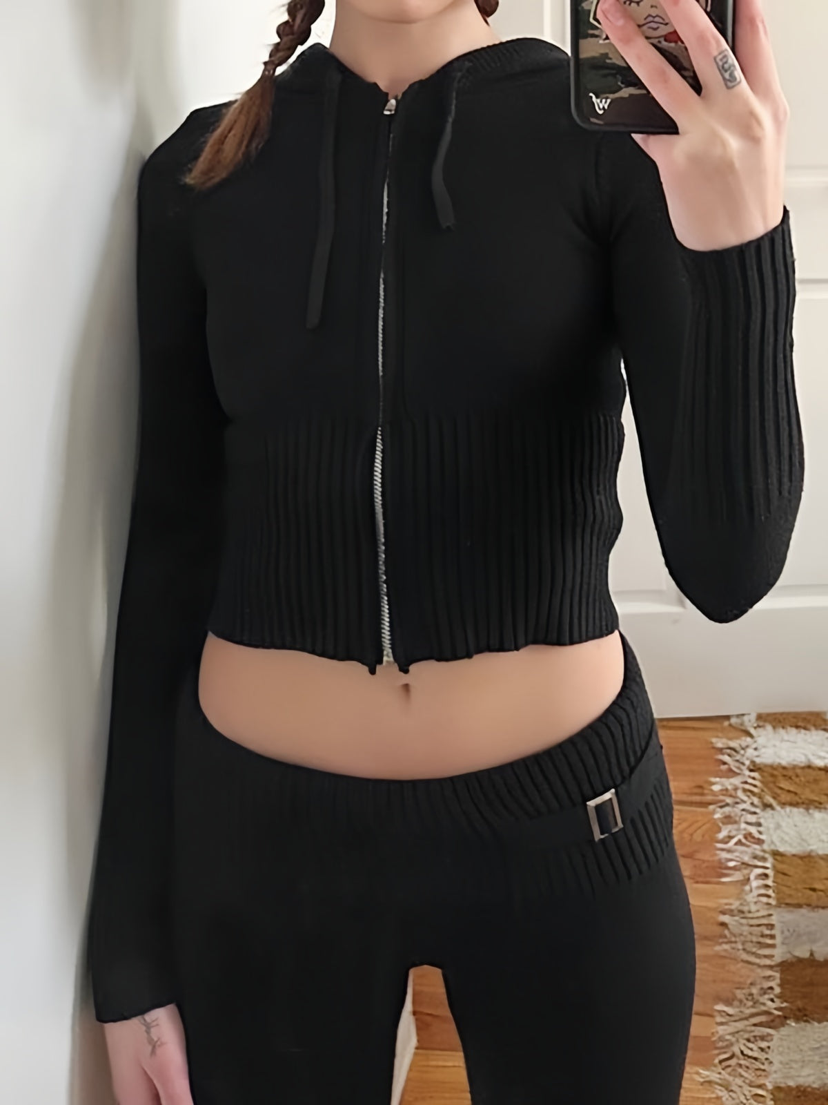 Retro Knitted Two Piece Set With Zip and Hood