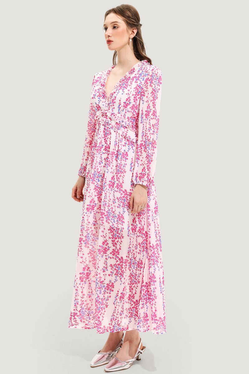 V-neck Long Sleeve Midi Dress Pink
