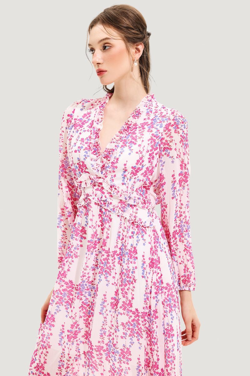 V-neck Long Sleeve Midi Dress Pink