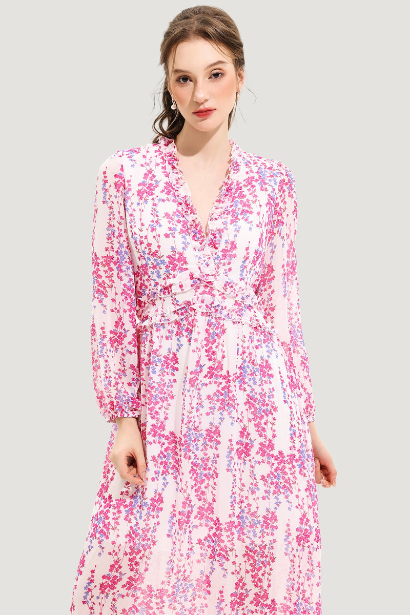 V-neck Long Sleeve Midi Dress Pink