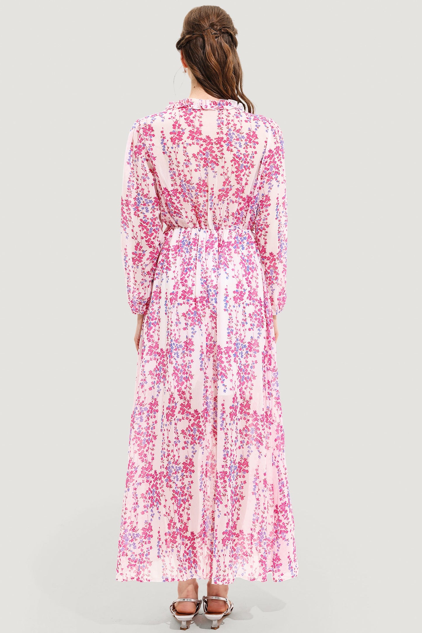 V-neck Long Sleeve Midi Dress Pink