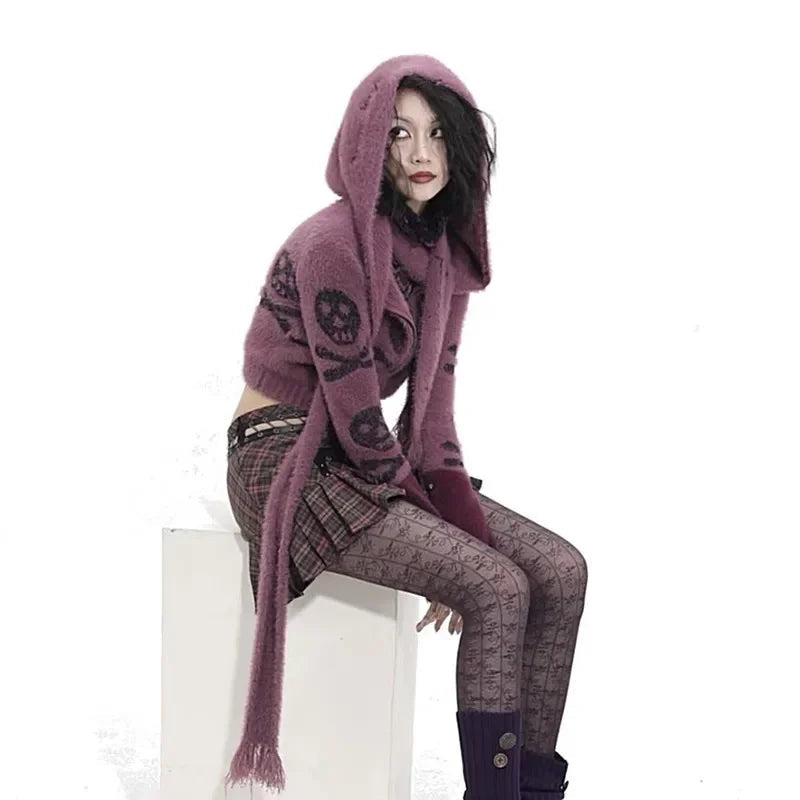 Gothic Skull Embroidery Punk Style Grunge Aesthetics Cropped Hooded Knitted Cardigan