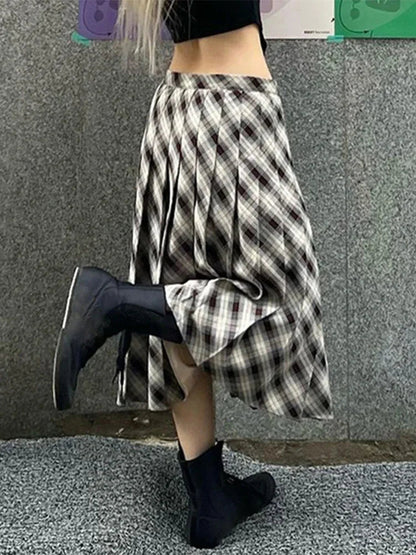 Dressbetty - Houndstooth Pleated Loose Retro Maxi Skirt