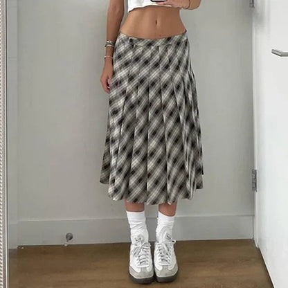 Dressbetty - Houndstooth Pleated Loose Retro Maxi Skirt
