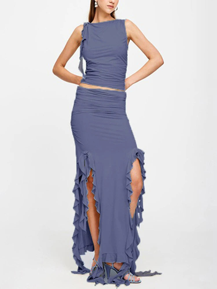 Dressbetty - Party Ruffles Maxi Split Skirt