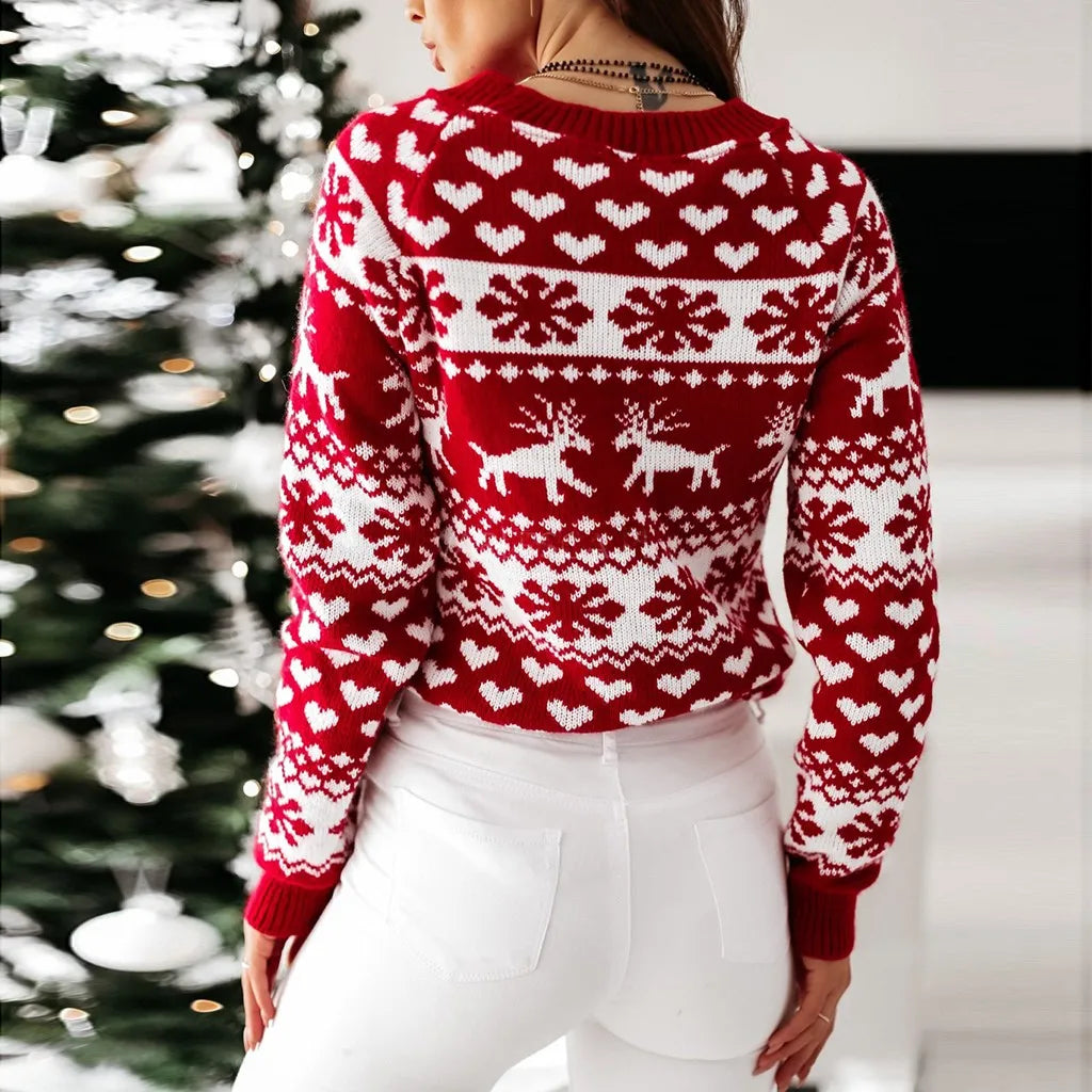 Y2k Moose Print Long Sleeve Christmas Sweater With Thicken Warmth