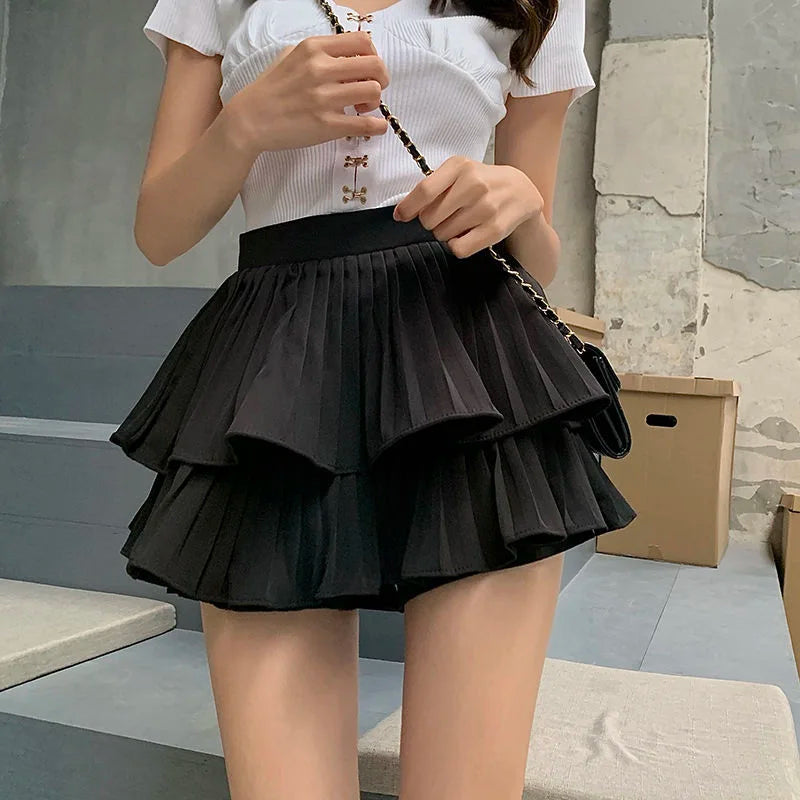Dressbetty - Layered White Ruffles High Waist Pleated Mini Skirt