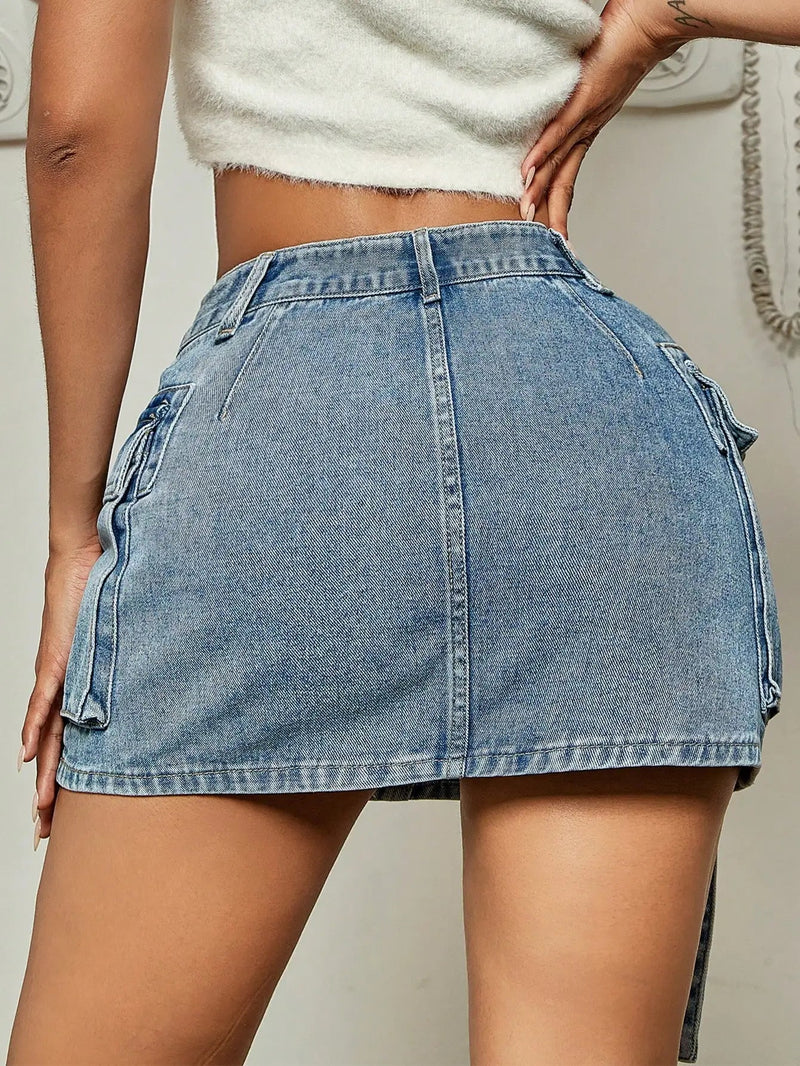 Street Tooling Style Flap Pocket Slim Workwear Denim Skirt