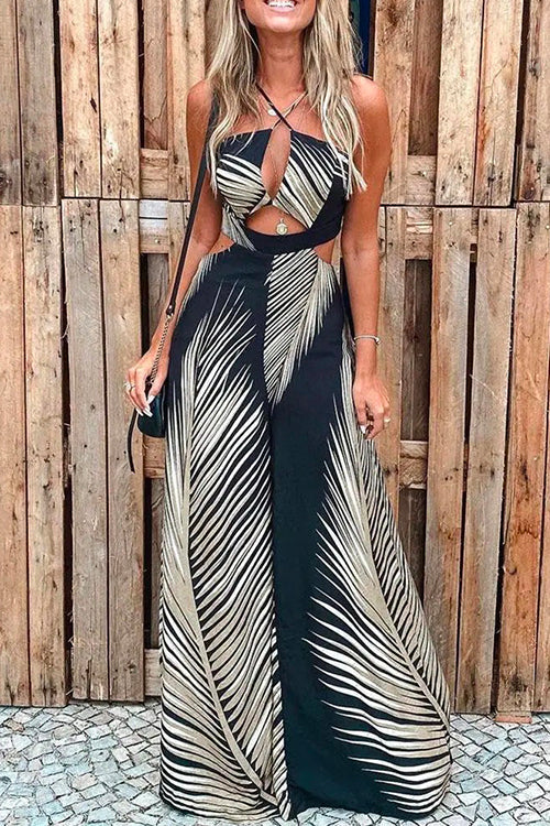 Halter Cut Out Printed Beach Jumpsuit