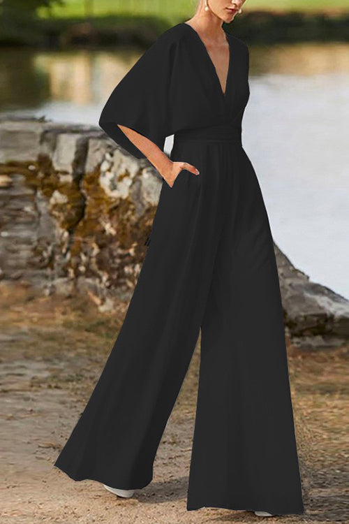 Deep V Neck High Waist Wide Leg Jumpsuit