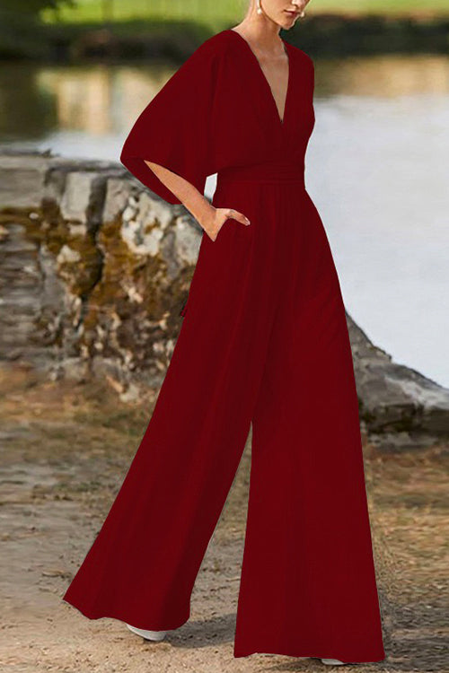 Deep V Neck High Waist Wide Leg Jumpsuit