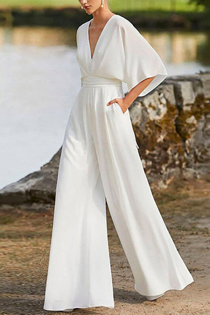 Deep V Neck High Waist Wide Leg Jumpsuit