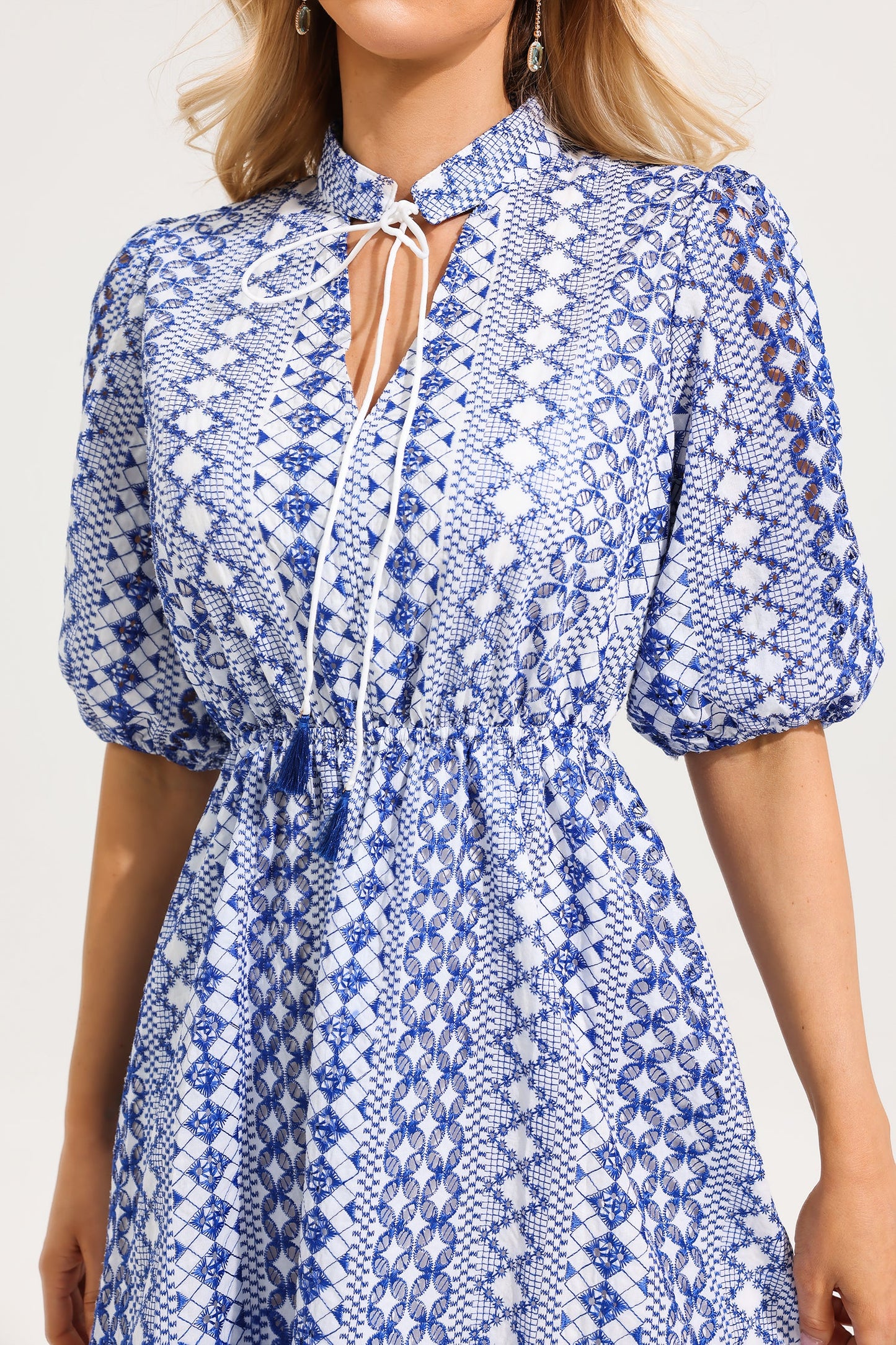 V-neck Embroidered Puff Sleeve Mini Dress