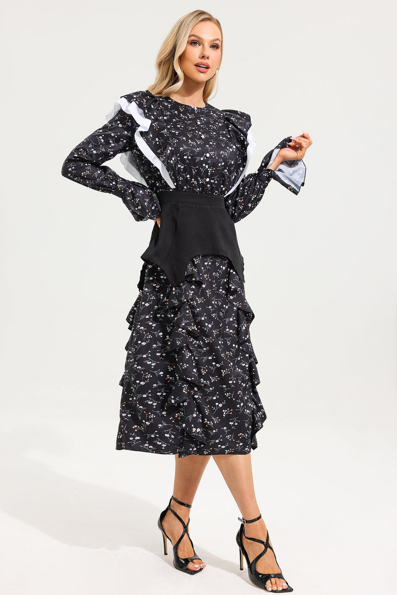 Ruffle Ball Sleeve Midi Dress With Belt