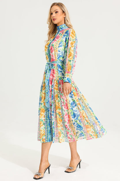 Stand Collar Maxi Dress With Belt