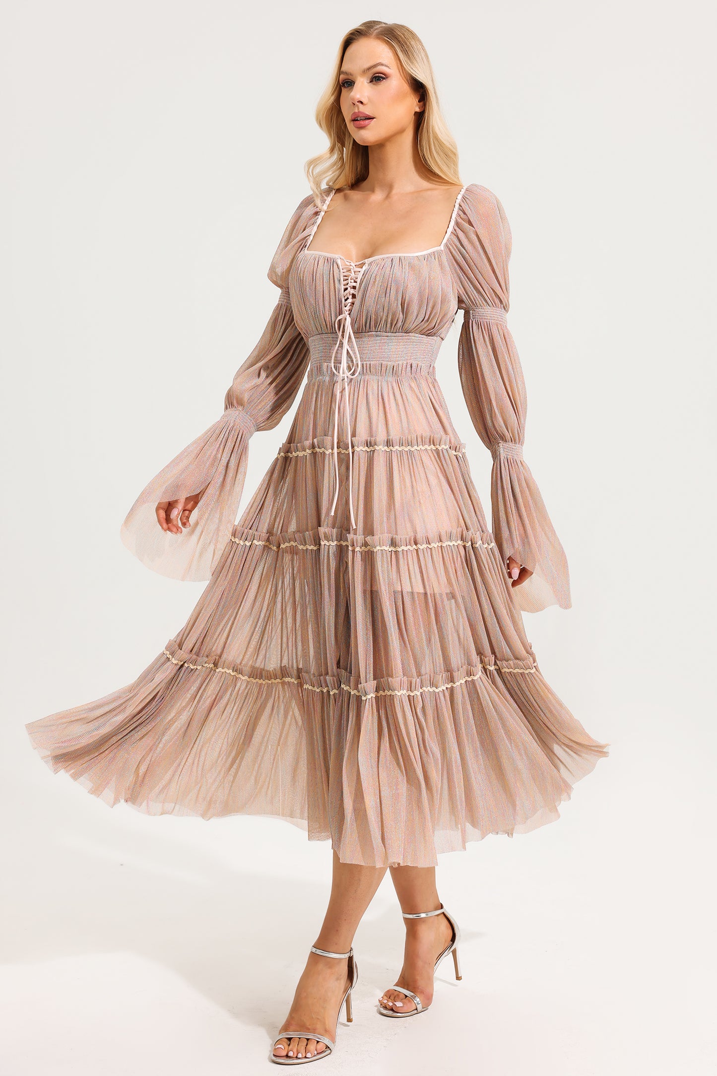 Mesh Square Collar Long Sleeve Midi Dress