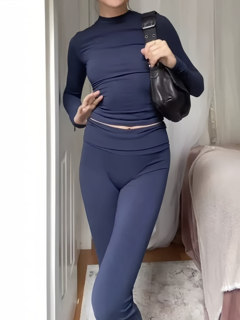 Classic Color Long Sleeve Top and Flare Pants Set