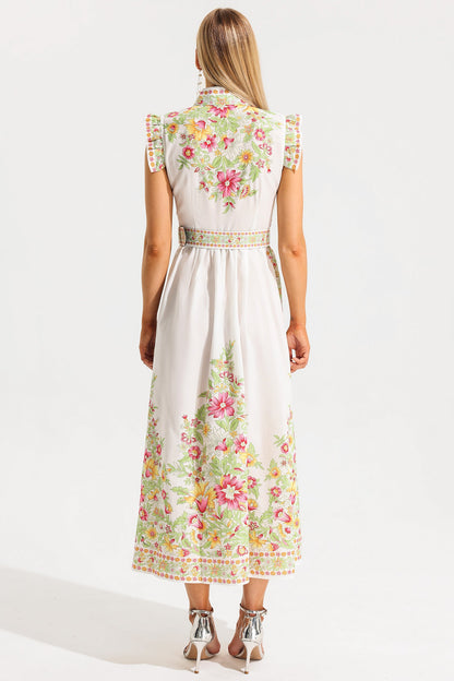 Stand Collar Sleeveless Button Midi Dress With Belt