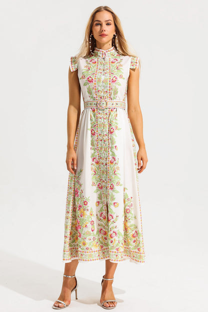 Stand Collar Sleeveless Button Midi Dress With Belt