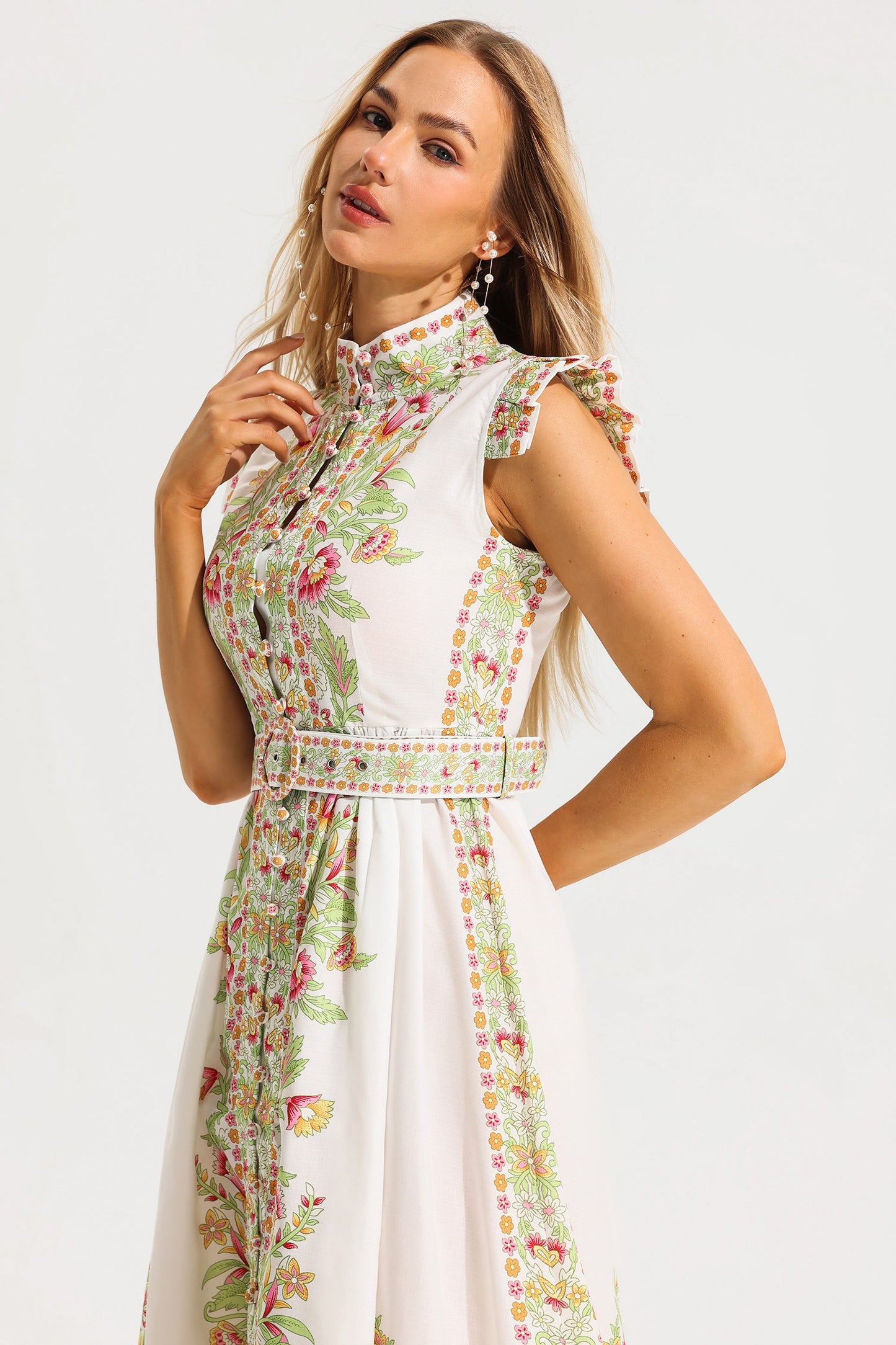 Stand Collar Sleeveless Button Midi Dress With Belt