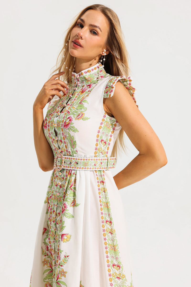 Stand Collar Sleeveless Button Midi Dress With Belt