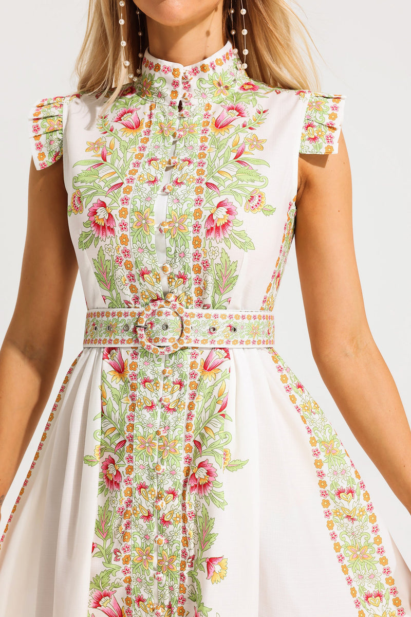Stand Collar Sleeveless Button Midi Dress With Belt