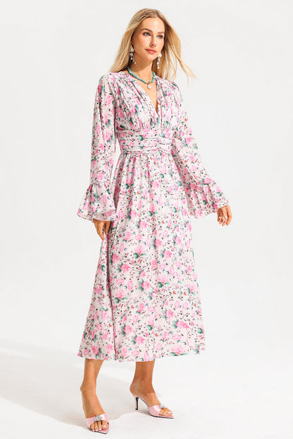 V-neck Ball Sleeve Midi Dress