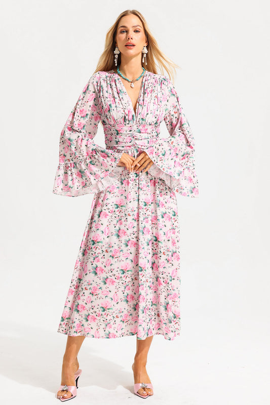 V-neck Ball Sleeve Midi Dress