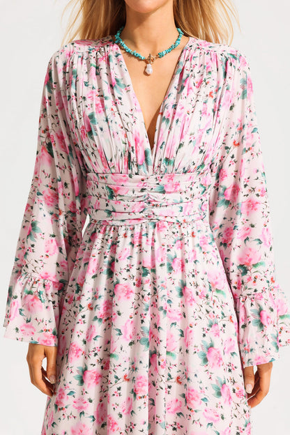 V-neck Ball Sleeve Midi Dress