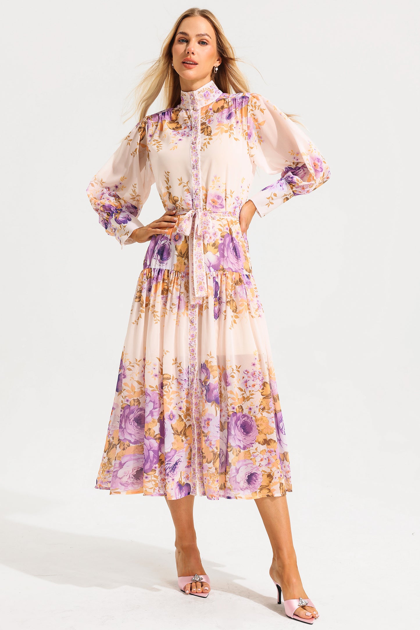 Stand Collar Puff Sleeve Maxi Dress
