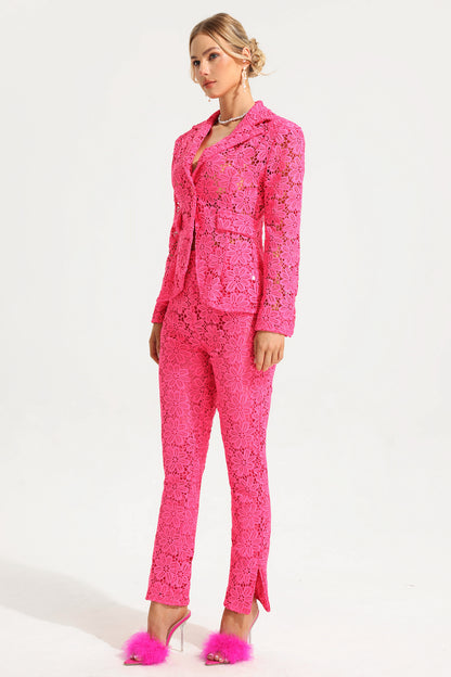 Lace Long Sleeve Tailored Blazer & High Waist Split Pants Set