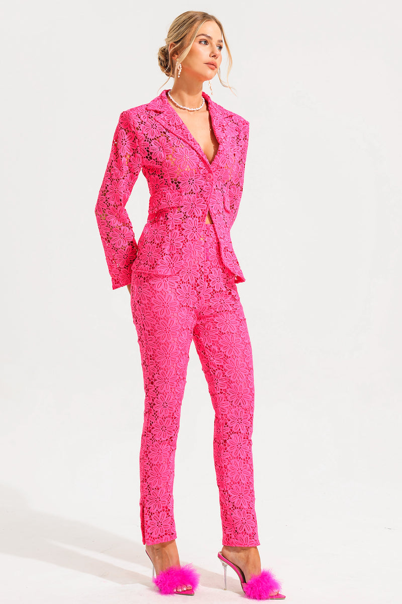 Lace Long Sleeve Tailored Blazer & High Waist Split Pants Set