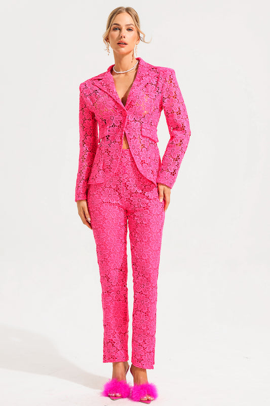 Lace Long Sleeve Tailored Blazer & High Waist Split Pants Set