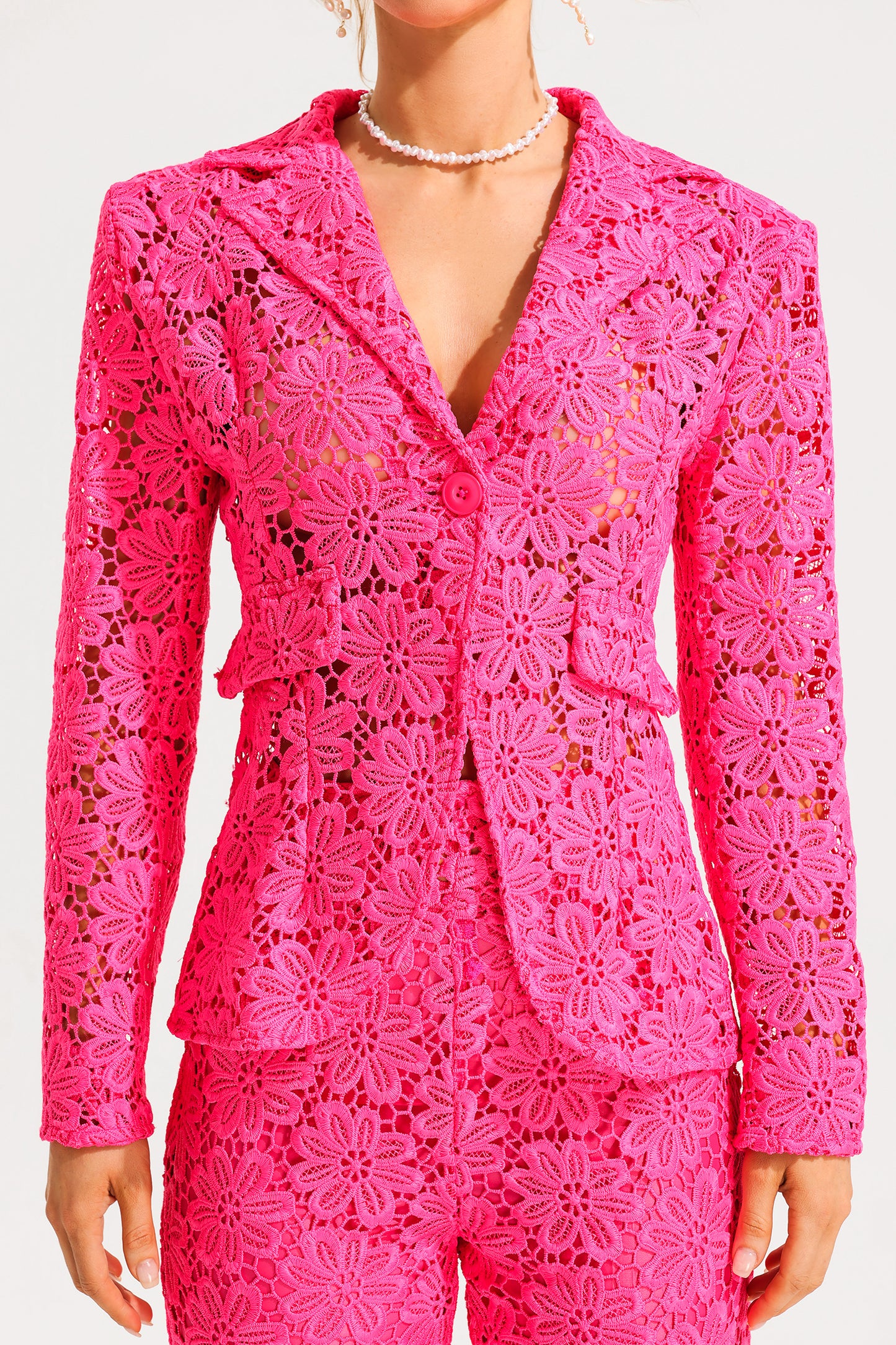 Lace Long Sleeve Tailored Blazer & High Waist Split Pants Set