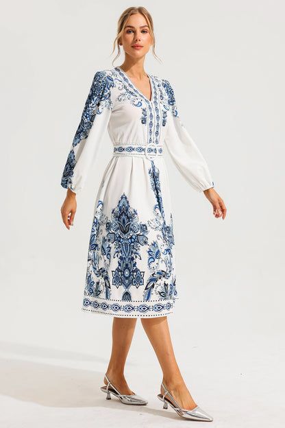 Paisley Single Breasted Long Sleeve Midi Dress With Belt