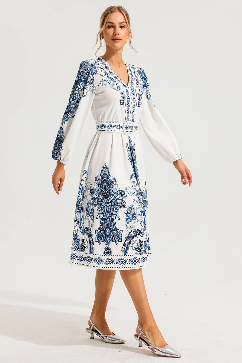 Paisley Single Breasted Long Sleeve Midi Dress With Belt