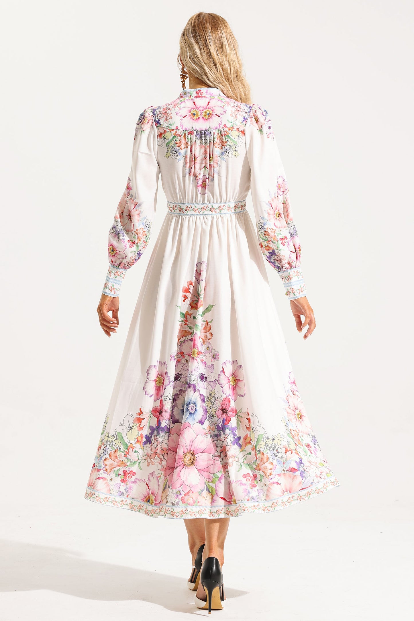 Frill Button Long Sleeve Midi Dress