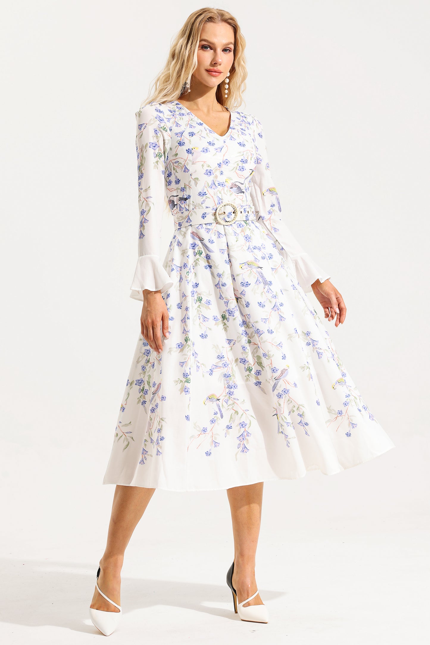 V-neck Long Sleeve Midi Dress With Belt