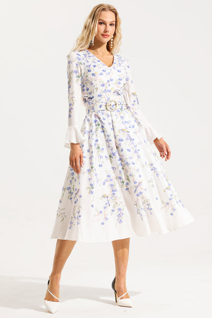 V-neck Long Sleeve Midi Dress With Belt