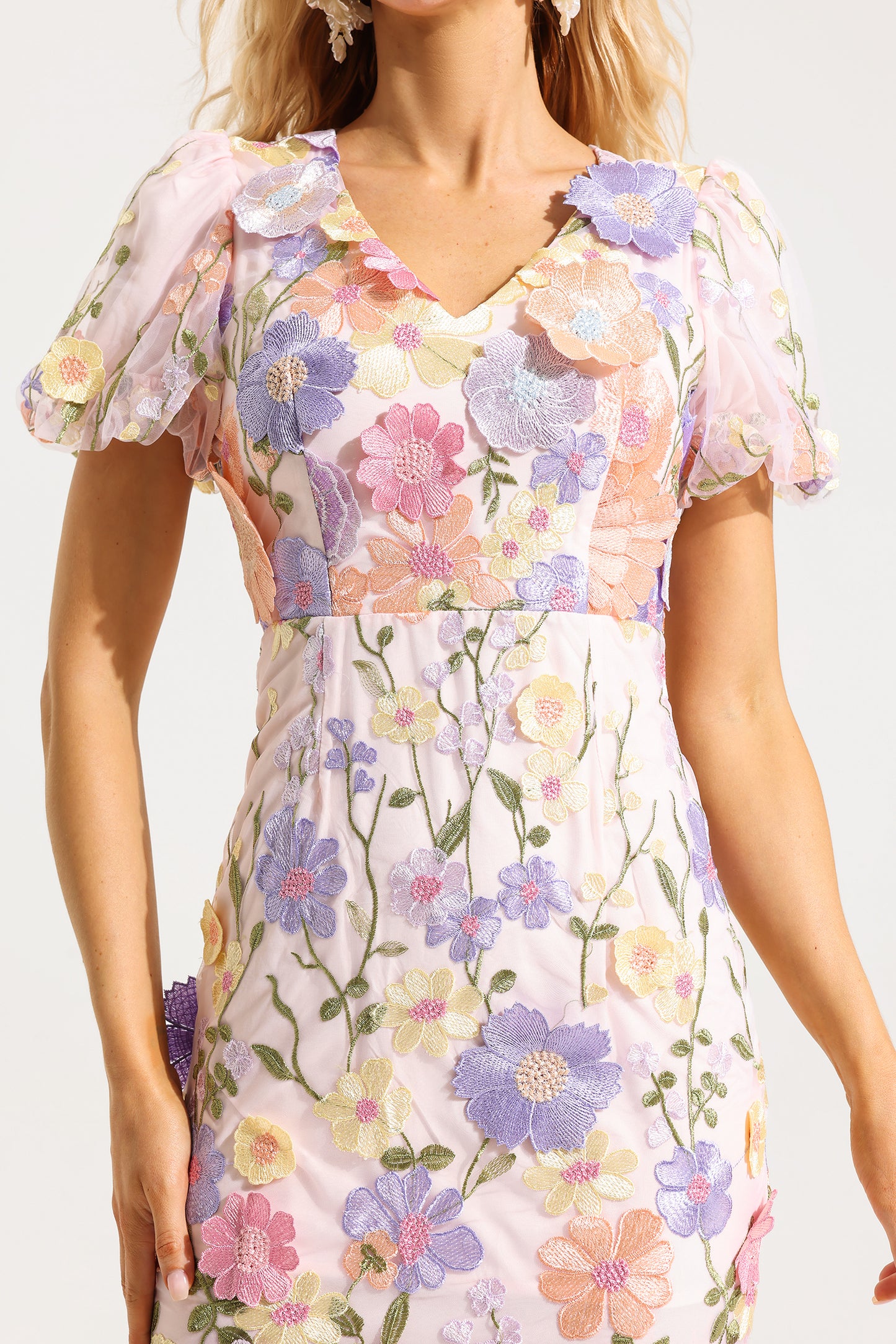Embroidered V-neck Puff Sleeve Midi Dress