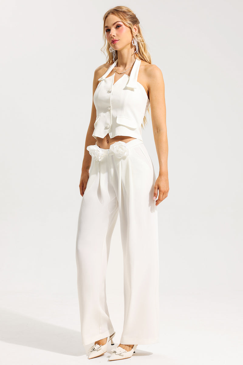 Halter Neck Button Sleeveless Top & 3d Hight Waist Pants