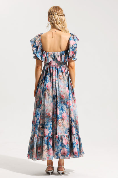 Frill Puff Sleeve Sweetheart Neck Maxi Dress