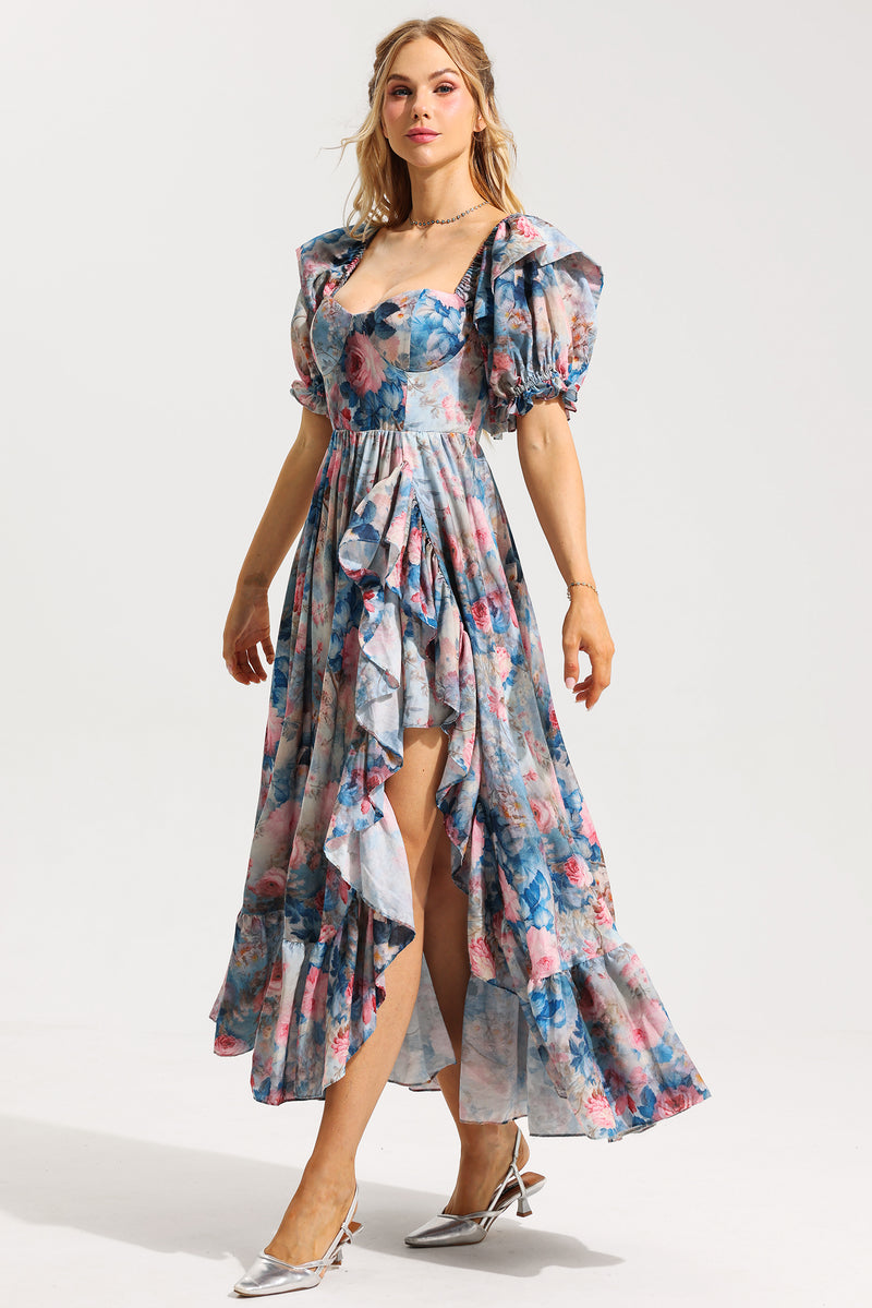 Frill Puff Sleeve Sweetheart Neck Maxi Dress