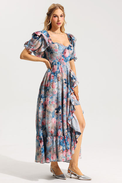 Frill Puff Sleeve Sweetheart Neck Maxi Dress