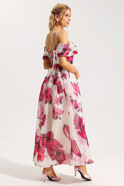 Off-shoulder Pleated Midi Dress