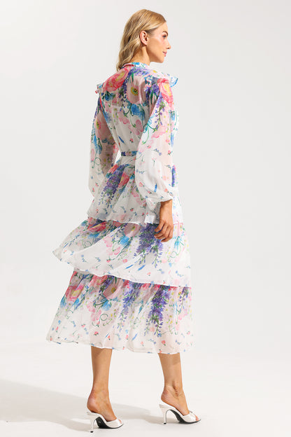 Ruffle Long Sleeve Midi Dress With Belt